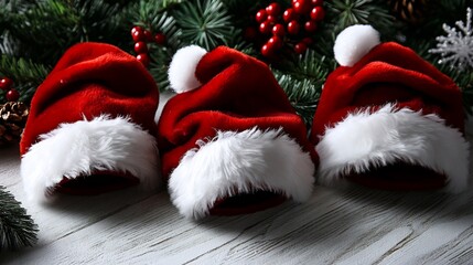 Three Santa Hats on a Festive Table: A Christmas Scene