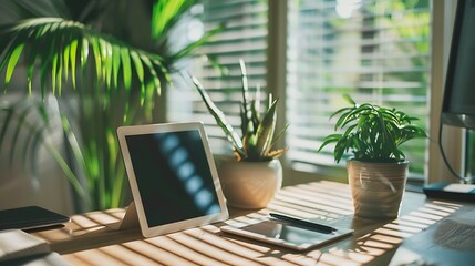 An imaginative home office design complete with a tablet a planner and a potted palm