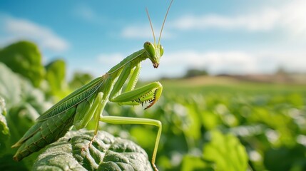 Naklejka premium Agricultural pest damage and prevention. Praying mantis perched on a leaf under bright blue skies, showcasing nature's beauty and detail.