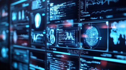 Obraz premium Futuristic digital dashboard with various data visualizations, graphs, and charts displayed on multiple screens.