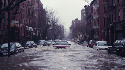 A flooded street with cars partially submerged, surrounded by bare trees and urban buildings, showcasing the impact of heavy rainfall.