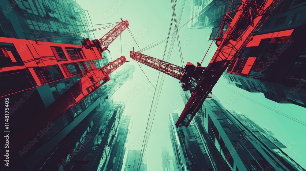 Poster low-angle view of red construction cranes against a backdrop of tall buildings under a hazy sky.