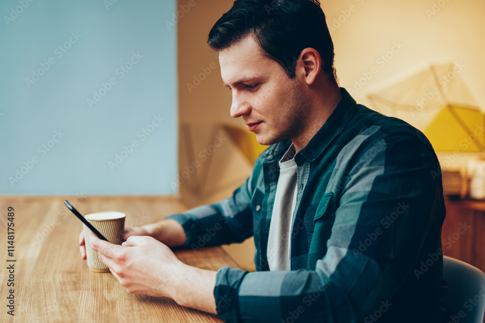 Poster pensive teen hipster guy networking via smartphone on break adding new friend and chatting with foll