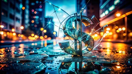 Low Light Photography: Shattered Glass Dollar Sign, Broken Dreams, Night Scene, Dark Imagery, Financial Crisis