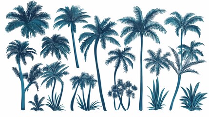 Obraz premium Tropical Palm Trees Collection in Various Styles and Arrangements for Summer Themes and Beach Decor, Artistic Design for Nature and Travel Projects