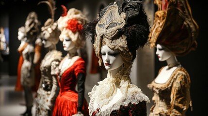 Fototapeta premium Elegant mannequins display intricate, antique-style dresses and elaborate headwear.