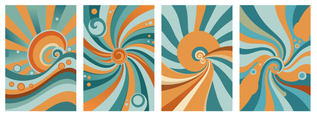 Four retro backgrounds with swirling stripes and vintage colors creating a hypnotic and vibrant pattern
