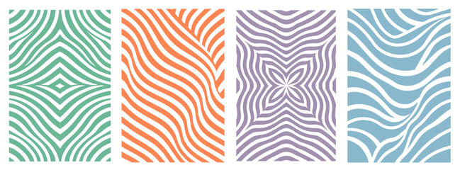 Featuring four vibrant backgrounds with retro wavy stripes, creating mesmerizing optical illusion effects, ideal for vintage or psychedelic design projects and artistic expressions