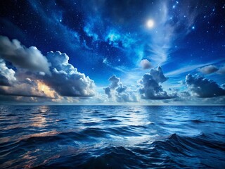 Obraz premium Low Light Seascape, Night Ocean Sky, Dark Blue Sea, Dramatic Coastal Photography, Starry Night Beach, Moody Seascape, Nighttime Ocean View, Dark Sky, Coastal Night Photography