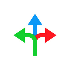 Three way direction arrow icon in flat design. Triple arrowheads sign symbol