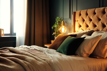 Bed with a green pillow and a white pillow. Banner