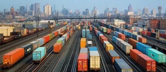 Urban cityscape with numerous freight trains carrying colorful shipping containers.
