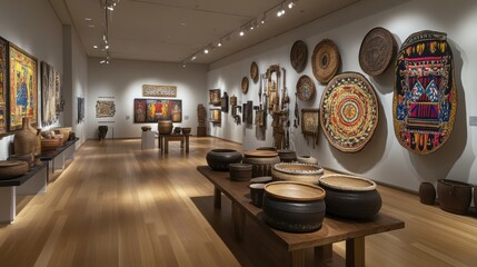 Museum gallery showcasing diverse indigenous art, including woven textiles, pottery, and wall hangings.