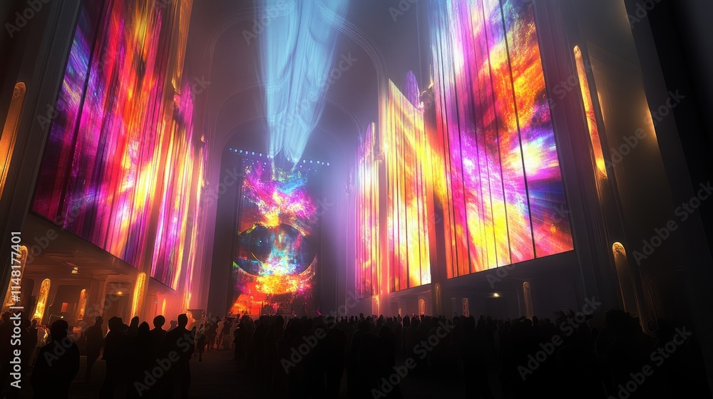 Poster vivid light show projected onto large screens inside a cathedral-like structure, illuminating a crow