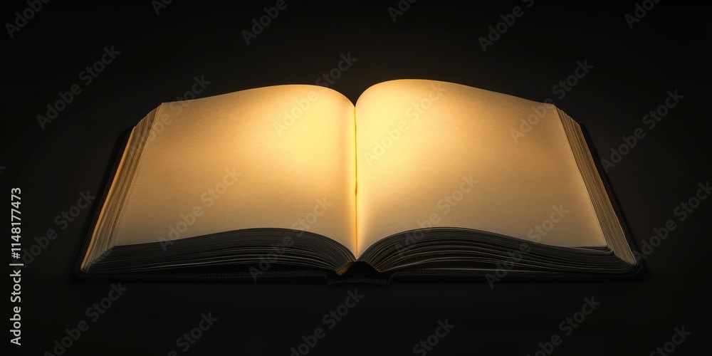 Poster a book is open to a page with a yellow light shining on it. the light is illuminating the page