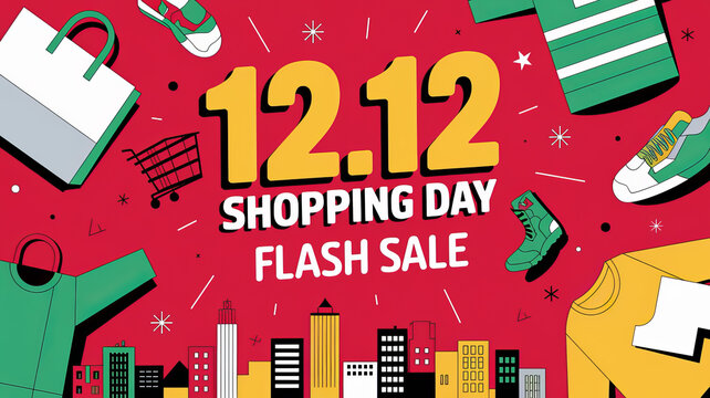 1212 Shopping Day Flash Sale with city skyline and shopping items..