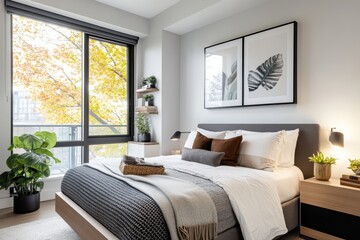 Bedroom with a large bed and a window. Banner