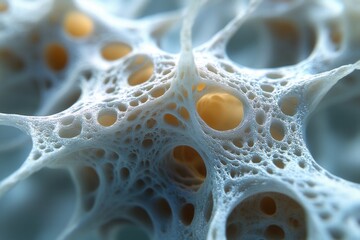 A close-up view of intricate, porous structures resembling biological tissue.