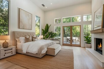 Large bedroom with a white bed, a fireplace, and a large window. Banner