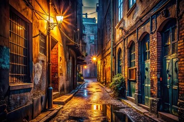 Fototapeta premium Low Light Urban Exploration Photography: Dark Alleyways, Gritty Cityscapes, Night Photography, Street Photography, Urban Decay, Atmospheric Photography, Mysterious Backstreets