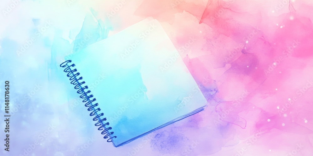Poster a spiral notebook with a blue cover sits on a colorful background. the notebook is open to a blank p