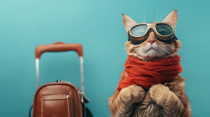 Fototapeta premium An outfitted cat in goggles is prepared for travel against a soft blue backdrop