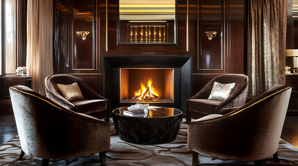  A luxurious living room with a sleek fireplace, velvet armchairs, and a warm glowing fire (1)