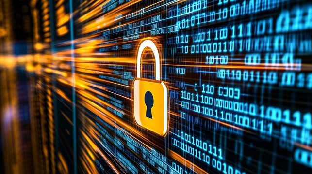 A golden padlock on a blue and orange digital background.