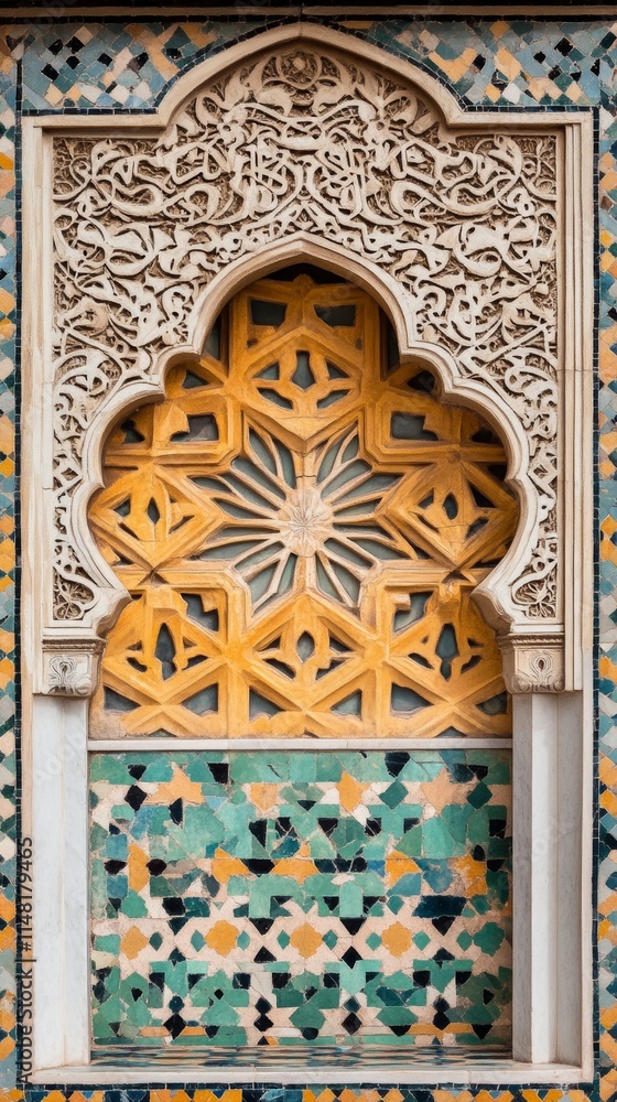 Poster a window with a yellow frame and a green background. the frame is ornate and has a star design