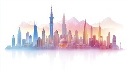 Naklejka premium Skyline Panorama of a Modern City Against Mountains at Dawn