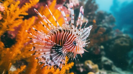 Red lionfish swimming amidst vibrant coral reef.