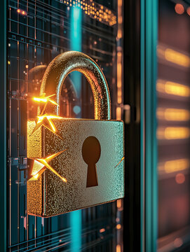 Golden padlock on a server rack with glowing lights..