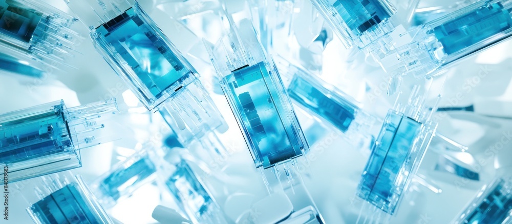 Poster abstract close-up of translucent blue objects, scattered and overlapping, creating a dynamic composi