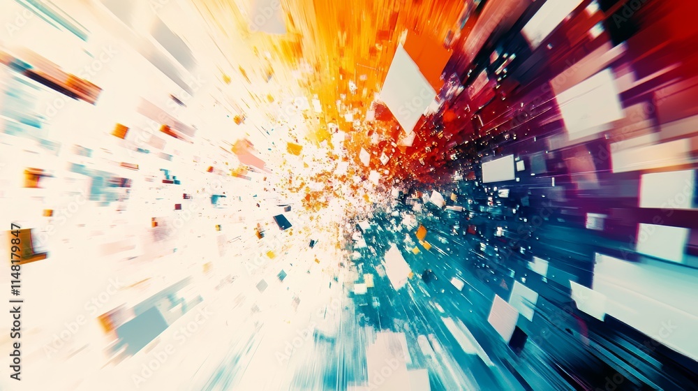 Poster a vibrant abstract image showcasing an explosion of colorful geometric shapes in motion, creating a 