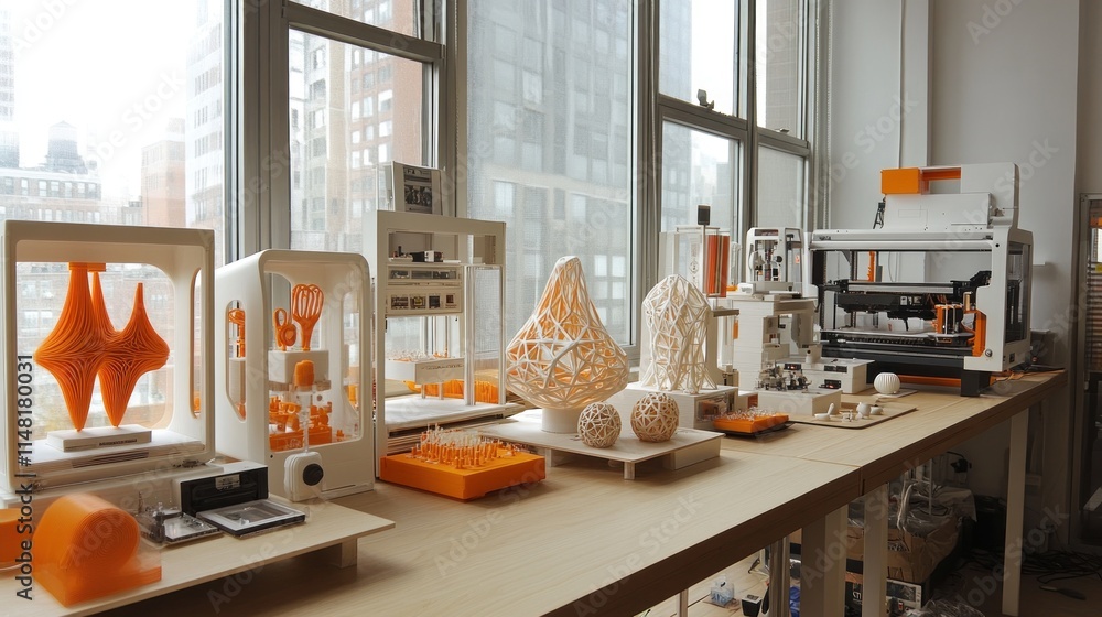 Poster 3d printed models and printers displayed on a wooden table near a large window.