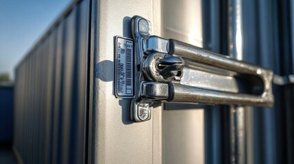 Close-up of a shiny metal latch securing a shipping container door, showing a security label.