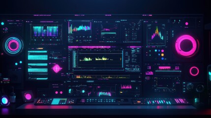 Fototapeta premium Futuristic digital audio workstation with vibrant neon displays and advanced controls.