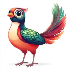 Adorable Cartoon Pheasant with Vibrant Feathers on White Background - Illustration of Cute Bird with Sparkling Eyes and Colorful Tail