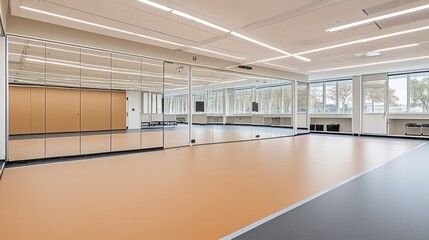 Spacious dance studio with mirrored walls, tan floor, and natural light.