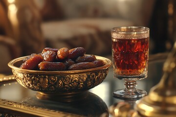 Fototapeta premium Product photo of dates and Arabian tea, on an elegant table with Arabic ornamentation. A bowl full of dates is next to the glass filled with red desert juice.