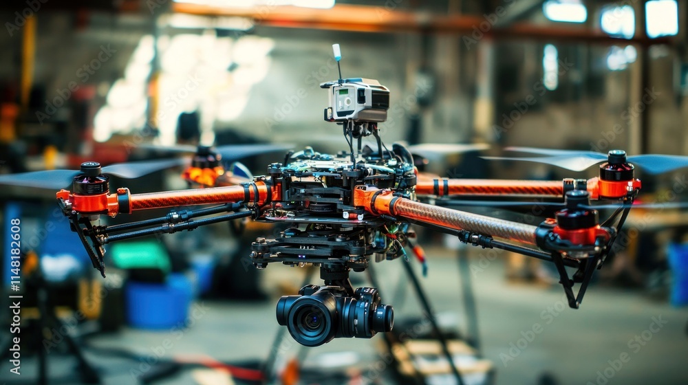 Poster orange drone with two cameras hovering in a factory.