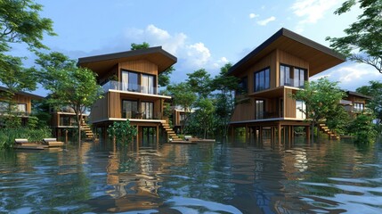 Obraz premium Modern wooden houses on stilts surrounded by water, featuring lush greenery and a serene sky, creating a tranquil and scenic atmosphere.
