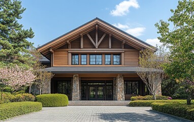 A front view of a two-story American-style house with a combination of wooden and stone architecture, situated on the top floor of Fuji Spring Park in Japan