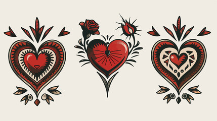 Traditional Heart Tattoo Set Vector Illustration
