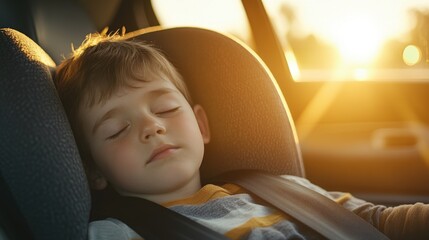 Child Sleeping Peacefully in Car Seat During Golden Sunset
