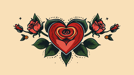 Traditional Mom Heart Rose Tattoo Flat Vector Illustration