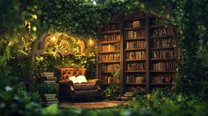 Enchanting outdoor library nook with armchair, bookshelves, and lush greenery.