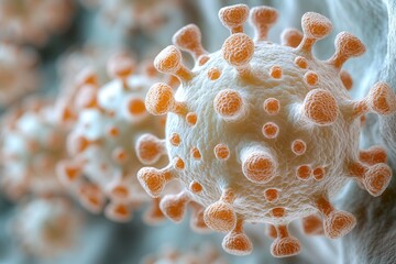 Microscopic view of a virus with spiky surface structures.