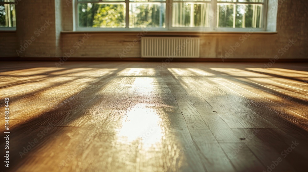 Poster sunlight streams through large windows onto a hardwood floor in an empty room.