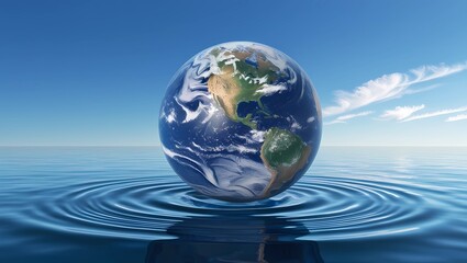 Planet earth floating in water under blue sky. 3D illustration of the concept of flooding and climate change